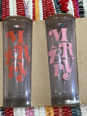 Set of 2 'MERRY' Glass Tumblers - each 10.25 ounce size Red & Pink Lettering